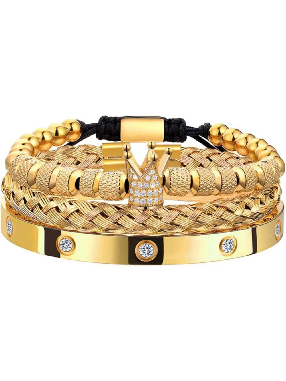 3PCS Adjustable Gold Stainless Steel Crown Bracelets for Men - Luxury Roman